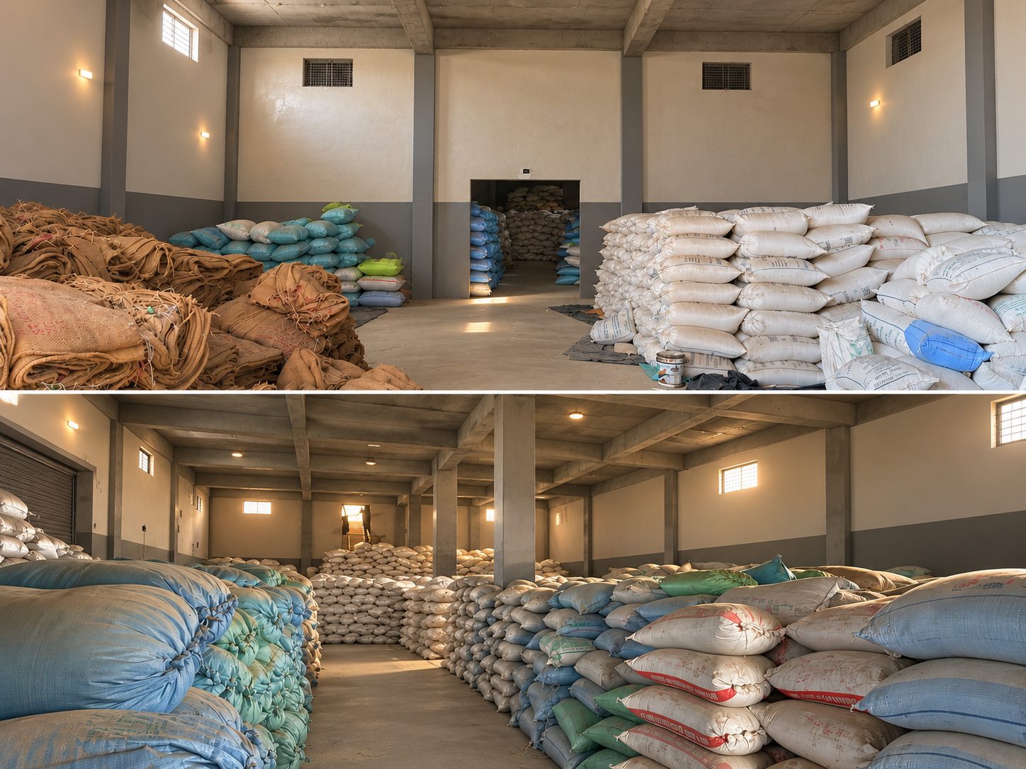 Stacked grain storage inside BST Agro Corporation warehouse